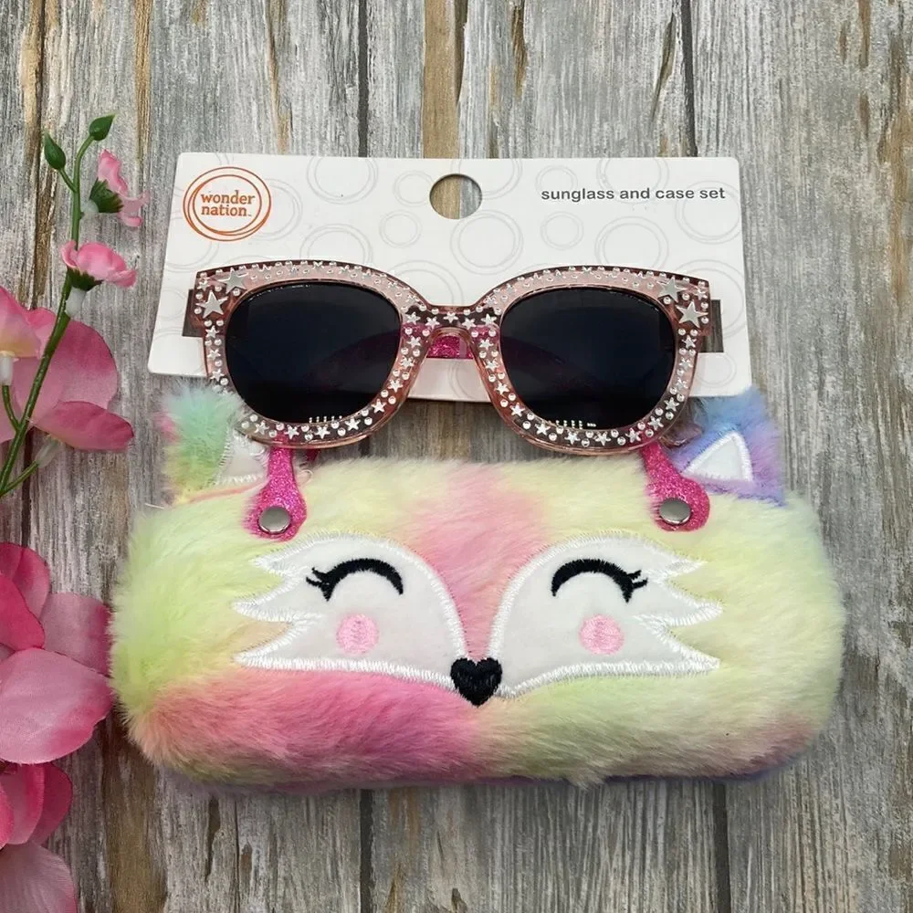 Girls Fun Summer Sunglasses With Unicorn & Fox, Faux Fur Carrying Cases